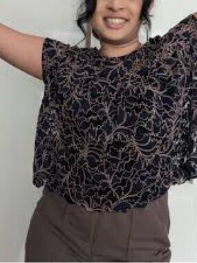 Zara Navy Lace Blouse Floral Overlay Top Size M